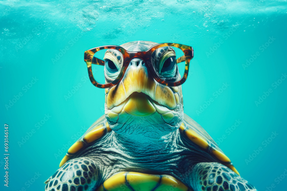 Fototapeta premium A turtle with a serious expression and glasses against a vibrant blue backdrop