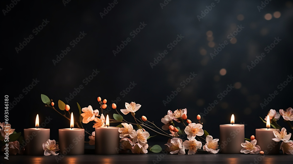Burning candles and flowers on black background with space for text ...