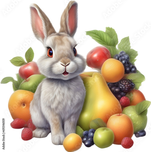 A close-up image of a colorful rabbit and fruits. 