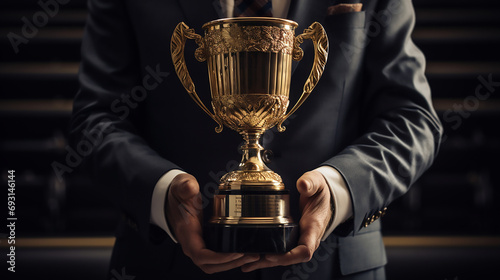 Hand of a Businessman Holding a Golden Trophy, company winning, prize 