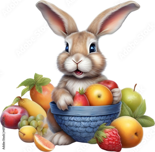 A close-up image of a colorful rabbit and fruits. 