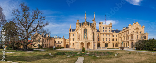 View on a sunny day of Lednice Castle, Czech Republic.