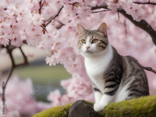 Cat in Pink Flowers, cherry blossom with cat