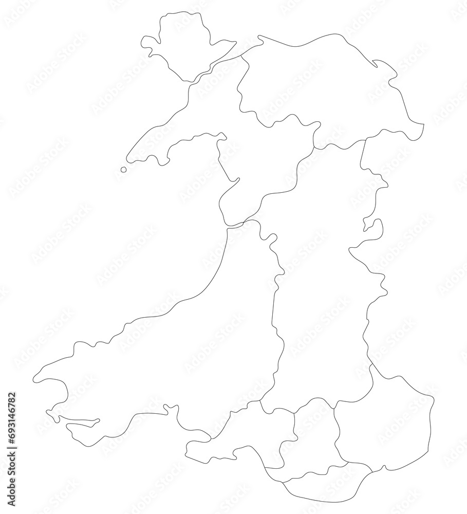 Wales map. Map of Wales divided in main regions in white color