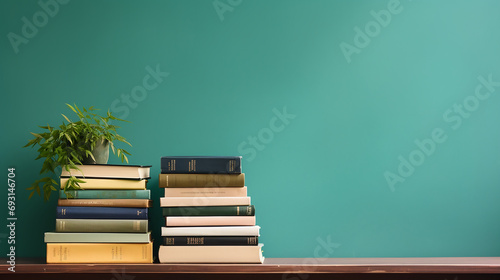 Stack of books on a shelf, library background 
