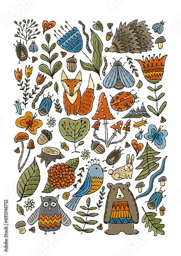 Woodland background. Forest animals in cartoon style. Ideas for kids design -...