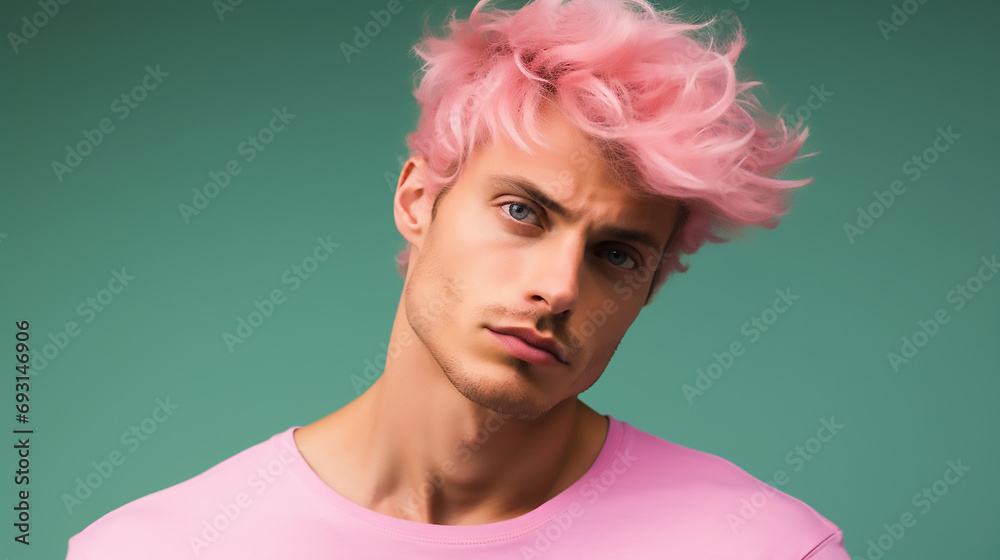 Handsome male model face with pink coloured hair, Fashion, Commercial, Template Handsome male model face with pink coloured hair, Fashion, Commercial, Template