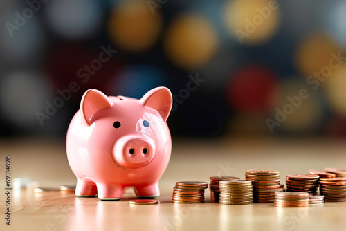 Wealth accumulation, Piggy bank surrounded by cash and coins, a visual metaphor for financial savings and prosperity in this stock photo moment.