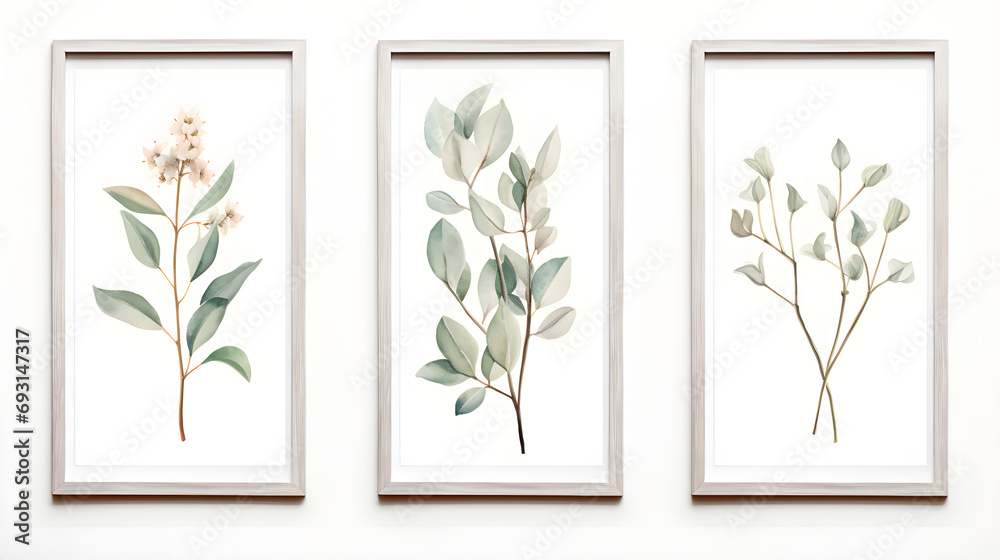 Paintings of eucalyptus and watercolor flowers, wooden table without background, white background. Paintings of eucalyptus and watercolor flowers, wooden table without background, white background.
