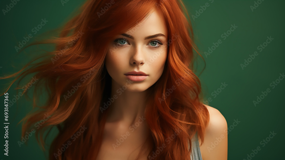Beauty portrait of a cool female red and brown coloured hair model, Fashion commercial template 