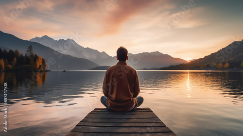 Back view of a man sitting in yoga pose in the sundown with a lake and mountains in front of him #693147518