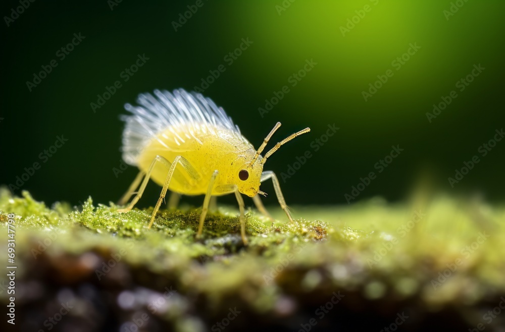 Yellow aphid on a green leaf close-up Yellow aphid on a green leaf close-up