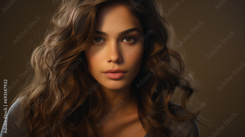 Portrait of a woman with brunette shoulder-length wavy hair, Fashion commercial template 
