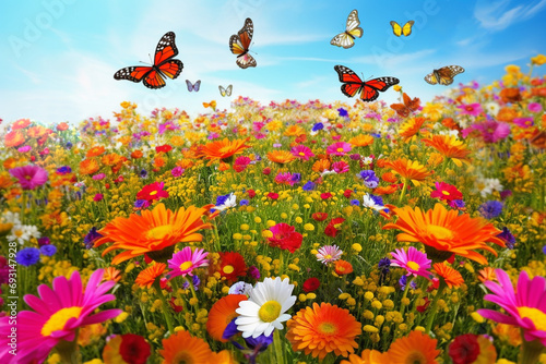 Flower meadow with butterfly in the sky. Nature blurred background, selective focus.