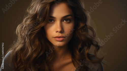 Portrait of a woman with brunette shoulder-length wavy hair, Fashion commercial template 