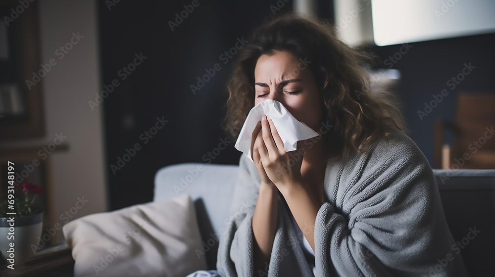 Sick woman blowing their nose while she sits on the couch at home Sick woman blowing their nose while she sits on the couch at home