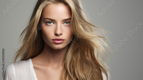 Beauty portrait of a elegant female model with blue eyes and blonde hair, Fashion commercial template 