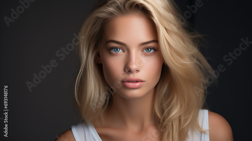 Beauty portrait of a elegant female model with blue eyes and blonde hair  Fashion commercial template 