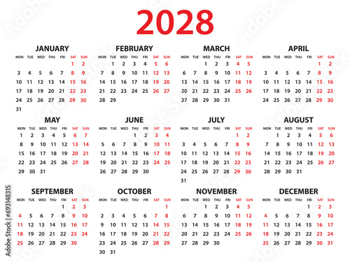 Calendar 2028 year vector illustration, Set of 12 calendar, week starts on Monday, Simple planner template, desk calendar 2028 year, wall calendar 2028 template, print media, corporate template