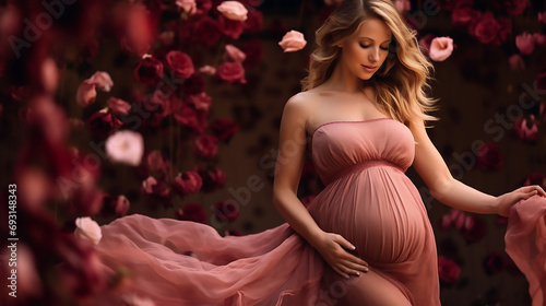 Photo shooting with a pregnant woman in a rose coloured dress