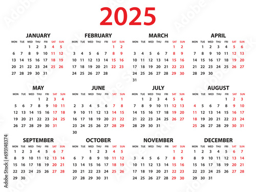 Calendar 2025 year vector illustration, Set of 12 calendar, week starts on Monday, Simple planner template, desk calendar 2025 year, wall calendar 2025 template, print media, corporate template