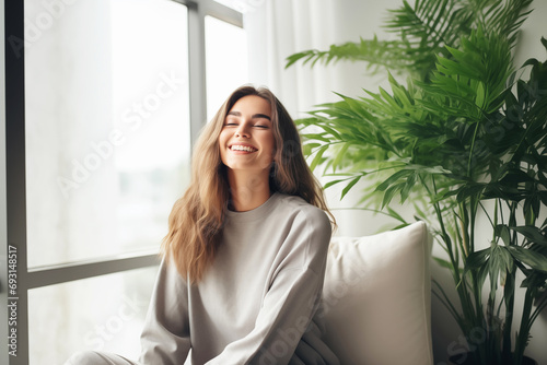Happy young woman with a smile meditates among indoor plants at home. Mental health, Home gardening photo