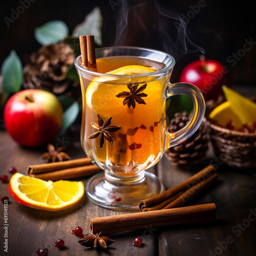 Mulled wine with spices and apples on a wooden table. AI.