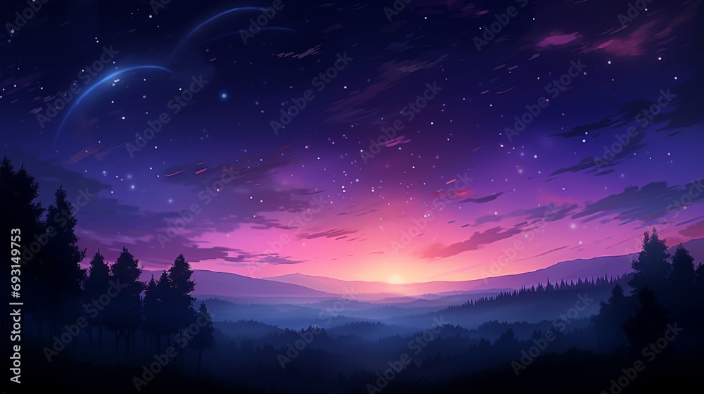 A serene twilight sky, with shades of purple and pink, and the first stars beginning to twinkle.