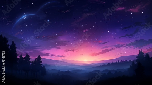 A serene twilight sky  with shades of purple and pink  and the first stars beginning to twinkle.