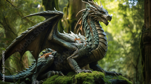 A close up of a dragon statue in a forest