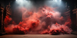 A dramatic theater stage enveloped in mystical red smoke under the spotlight, setting the scene for a powerful performance.