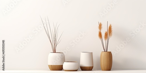 Minimalist interior design with wooden furniture and ceramic/glass vases holding dried plants on a white background. Template for mockup with a .