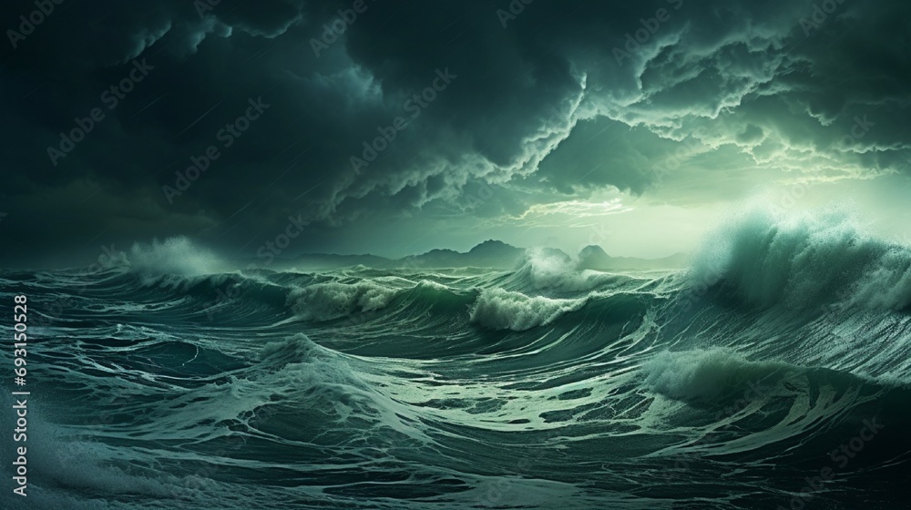 Fototapeta premium A stormy sea under a tumultuous sky, with waves crashing and dark clouds looming overhead.