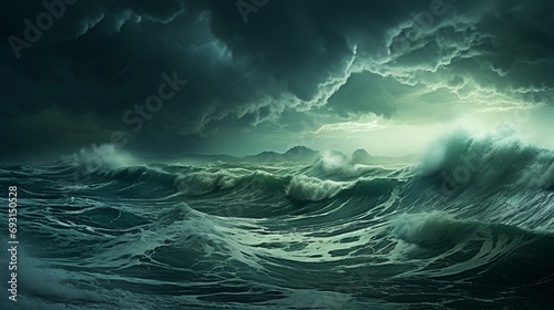 A stormy sea under a tumultuous sky, with waves crashing and dark clouds looming overhead.