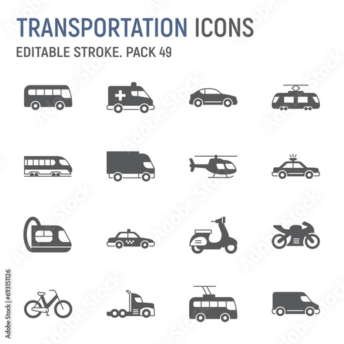 Transportation glyph icon set, vehicle collection, vector graphics, logo illustrations, transport vector icons, vehicle signs, solid pictograms, editable stroke