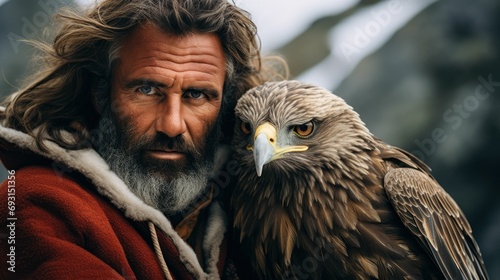 Bearded man with long hair holding majestic eagle photo