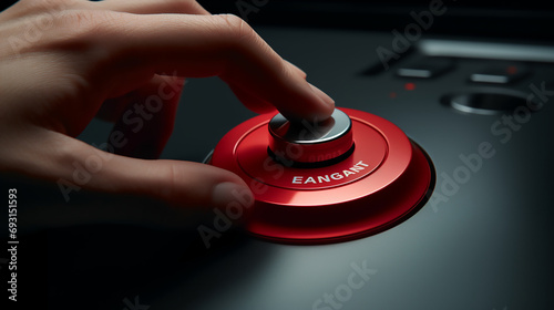 Close up hand pressing a red emergency button photo