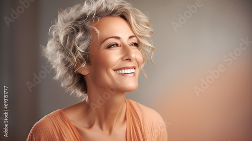Portrait of Happy adult grey hair woman wearing Peach Fuzz colored clothes color with first symptoms of incipient perimenopause. Banner.