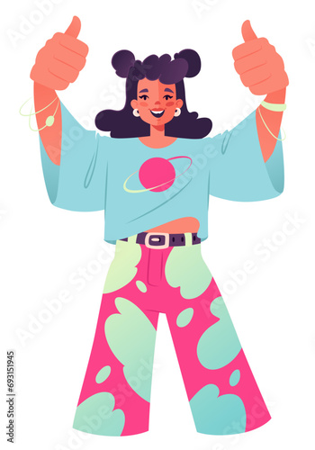 Happy, confident young girl, teenage girl showing Thumbs Up gesture. Satisfied, cheerful, smiling female student, approving gesture, body language. Character exuding positivity.