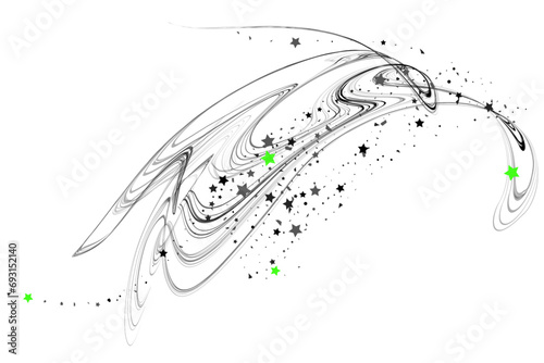 Confetti stars and pencil strokes. The stars fly along the trajectory of the lines. Black, white colors. Festive background. Vector illustration