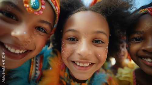 Joyful trio of girls in vibrant costumes posing cheerfully photo