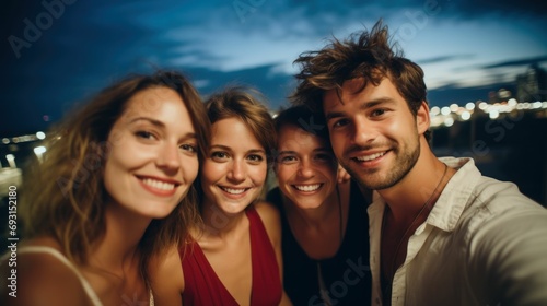 Four friends smiling and posing for a selfie.