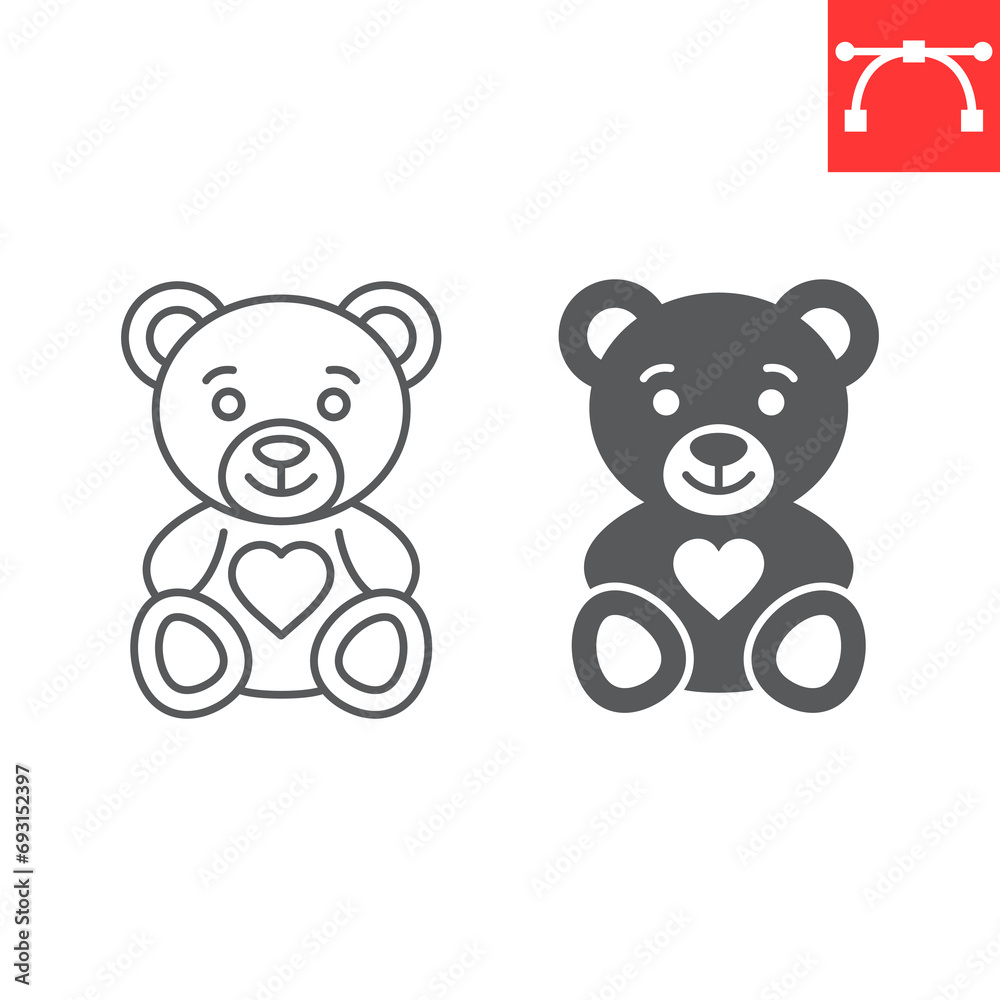 Teddy bear line and glyph icon, valentines day and gift, soft toy vector icon, vector graphics, editable stroke outline sign, eps 10. Teddy bear line and glyph icon, valentines day and gift, soft toy vector icon, vector graphics, editable stroke outline sign, eps 10.
