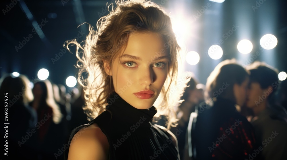 Woman with blue eyes and blonde hair in dimly lit room