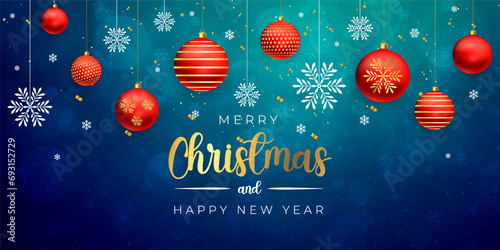 Merry Christmas and happy new year abstract blue green background, Xmas tree snowflake stars and ball, greeting card, holiday decoration geometric pattern, futuristic digital tech illustration vector