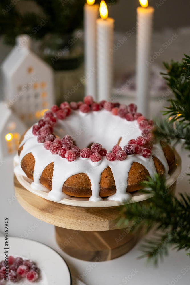 Christmas wreath cake decorated icing and sugared cranberries Christmas wreath cake decorated icing and sugared cranberries
