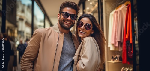 happy two man and woman couple in luxury mall, happy customers shopping together, Generative Ai