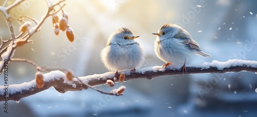 cute two bird perched on tree during winter time, Generative Ai
