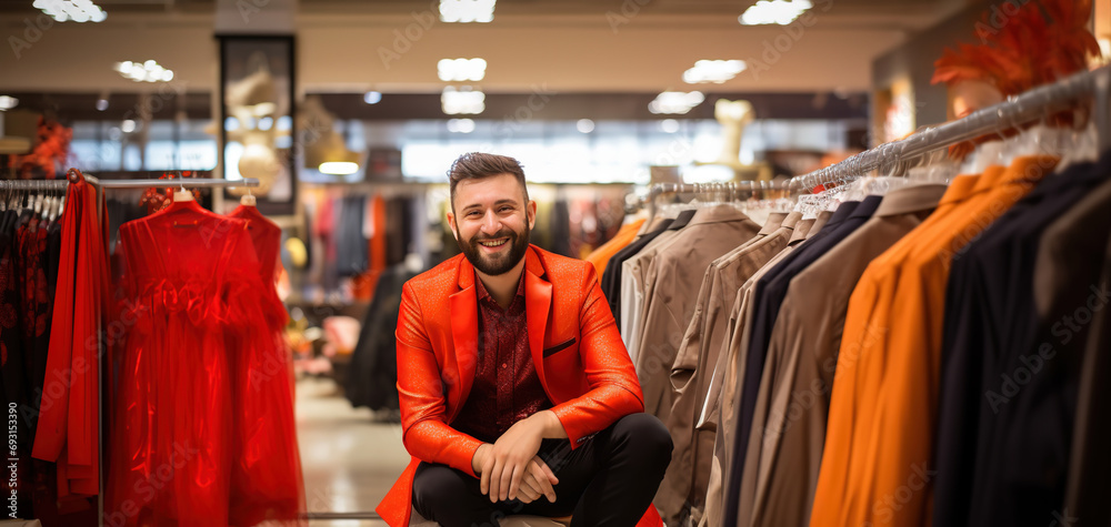smiling man walking in shopping mall, modern urban shopping lifestyle, Generative Ai