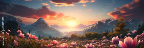 A serene painting featuring vibrant pink flowers swaying in a field, with snow-capped mountains looming gracefully in the distant horizon